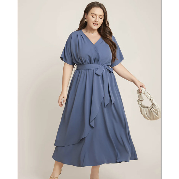 Bloomchic Plain Dolman Sleeve Pocket Stone Blue Flutter Midi Dress 1X NWT - Picture 2 of 7